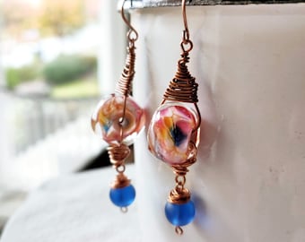 Nonamay - Lampwork Bead Earrings: Copper Wire Wrapped, Frosted Blue Glass