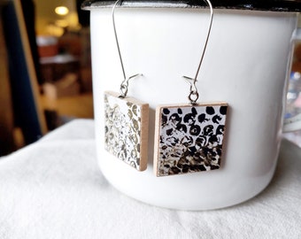 Paper Squares Earrings - Hand printed paper, Wood, Steel