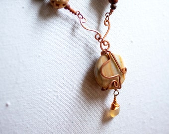Mondoshawan - Amazonite, Chalcedony, Upcycled Wood & Brass, and Copper Necklace - OOAK