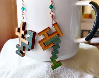 Wobble Earrings - Upcycled Wooden Puzzle Pieces, Swarovski Crystal, Copper