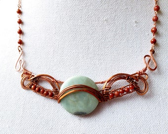 Copper Art Deco Amazonite Necklace: Goldstone Bead Chain