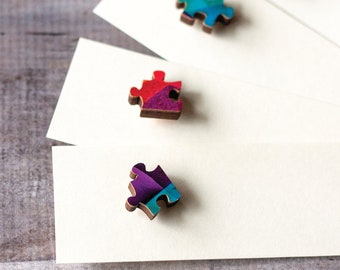 Upcycled Wooden Puzzle Piece Pin: Colorful Tie Tack