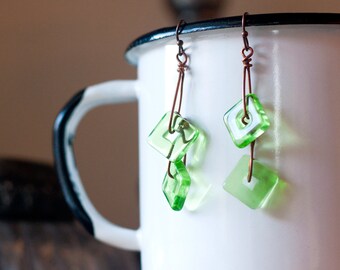 Green Squares Earrings - Glass, Copper