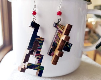 High-Rise Earrings - Upcycled Wooden Puzzle Pieces, Copper, Cut Glass