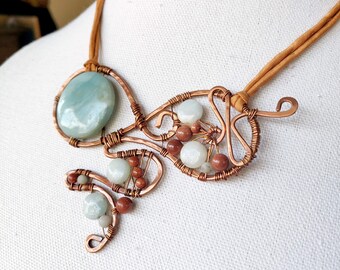 Solstice Moon - Copper, Amazonite, Goldstone, Aquamarine Necklace