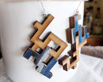 Boyfriend Jeans Earrings - Upcycled Wooden Puzzle Pieces, Sterling Silver