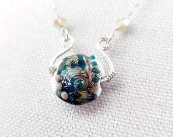 Lampwork Bead Necklace: Sterling Silver Horseshoe, Teal Swirls