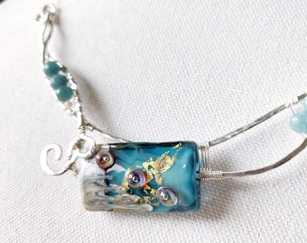 Elandra Sterling Silver Lampwork Necklace - Teal Fire Agate & Pink Glass Beads
