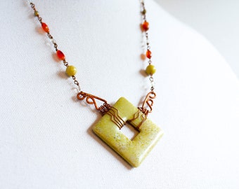 Mrs. Peel - Serpentine, Carnelian, Chalcedony, Pressed Glass and Copper Necklace - OOAK