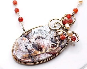 Curly Necklace - OOAK Sterling Silver, Crazy Lace Agate, Fire Agate and Freshwater Pearls