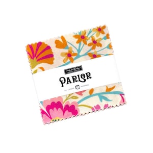 May include: A stack of fabric squares with floral patterns in pink, orange, and blue on a cream background. The fabric is wrapped with a white band that reads "Parlor" by Crystal Manning.