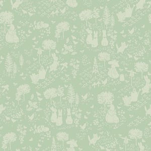 May include: A light green wallpaper featuring a repeating pattern of a whimsical garden scene. The design includes rabbits, birds, trees, watering cans, and butterflies in a soft, off-white color, creating a charming, pastoral aesthetic.