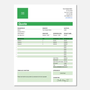 Green Google Sheets Price Quote Template • Fresh Editable Quotation for Contractors, Small Business & Freelancers – Instant Download