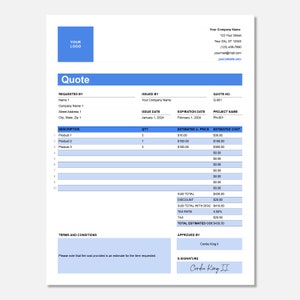 Blue Google Sheets Price Quote Template | Professional Editable Quotation for Contractors, Small Business & Freelancers – Instant Download