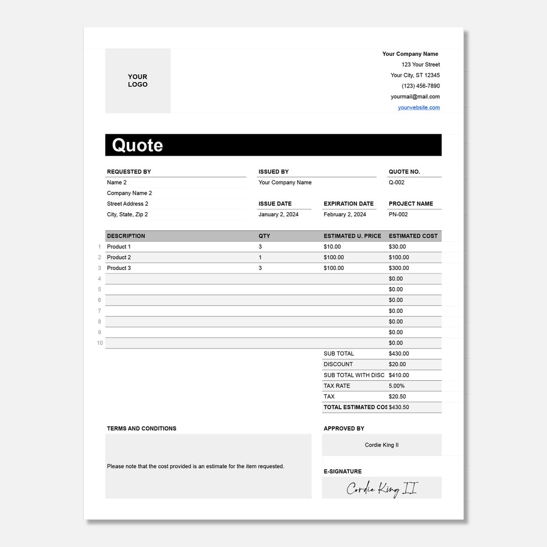 Google Sheets Price Quote Template | Editable Quotation for Contractors ...