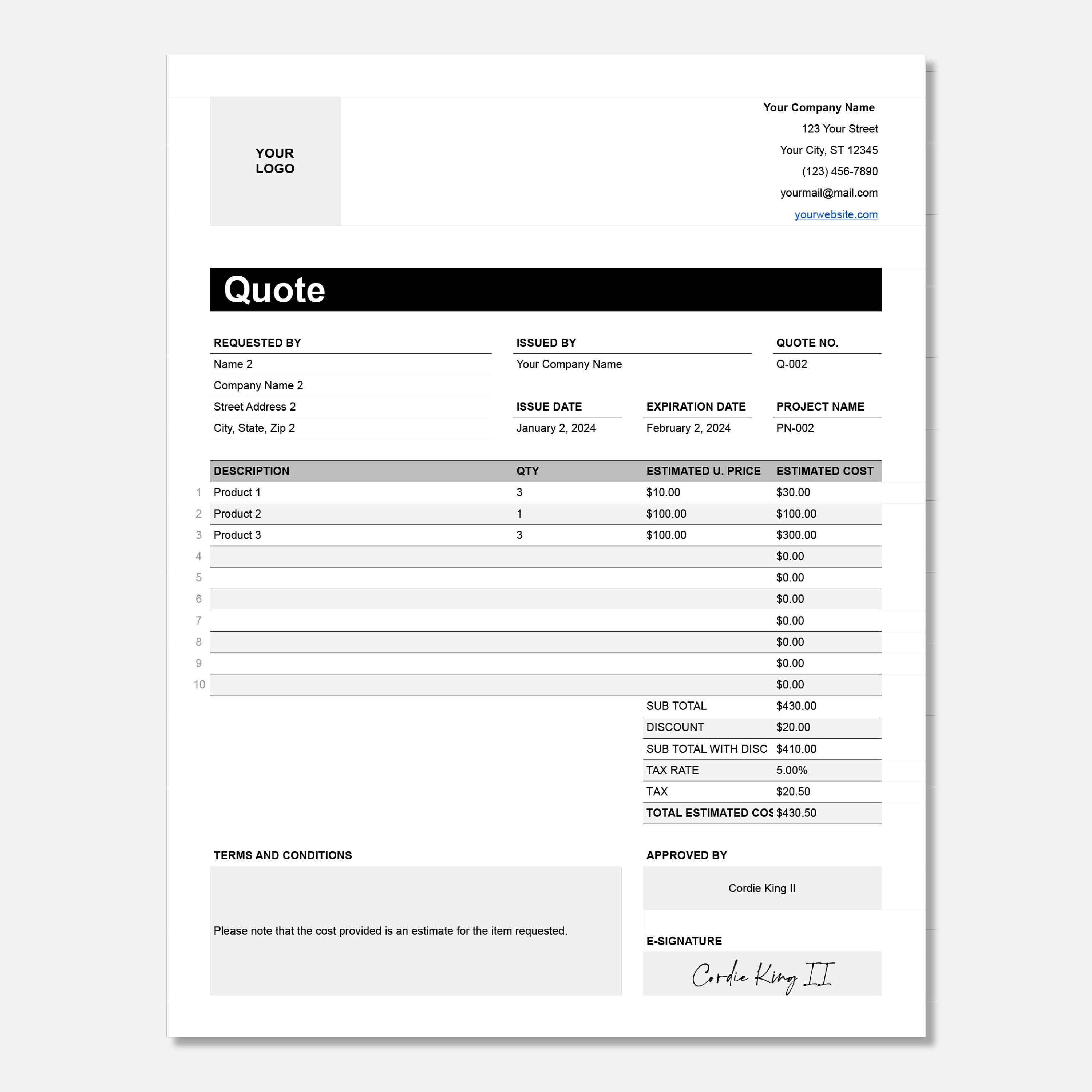 Google Sheets Price Quote Template | Editable Quotation for Contractors ...