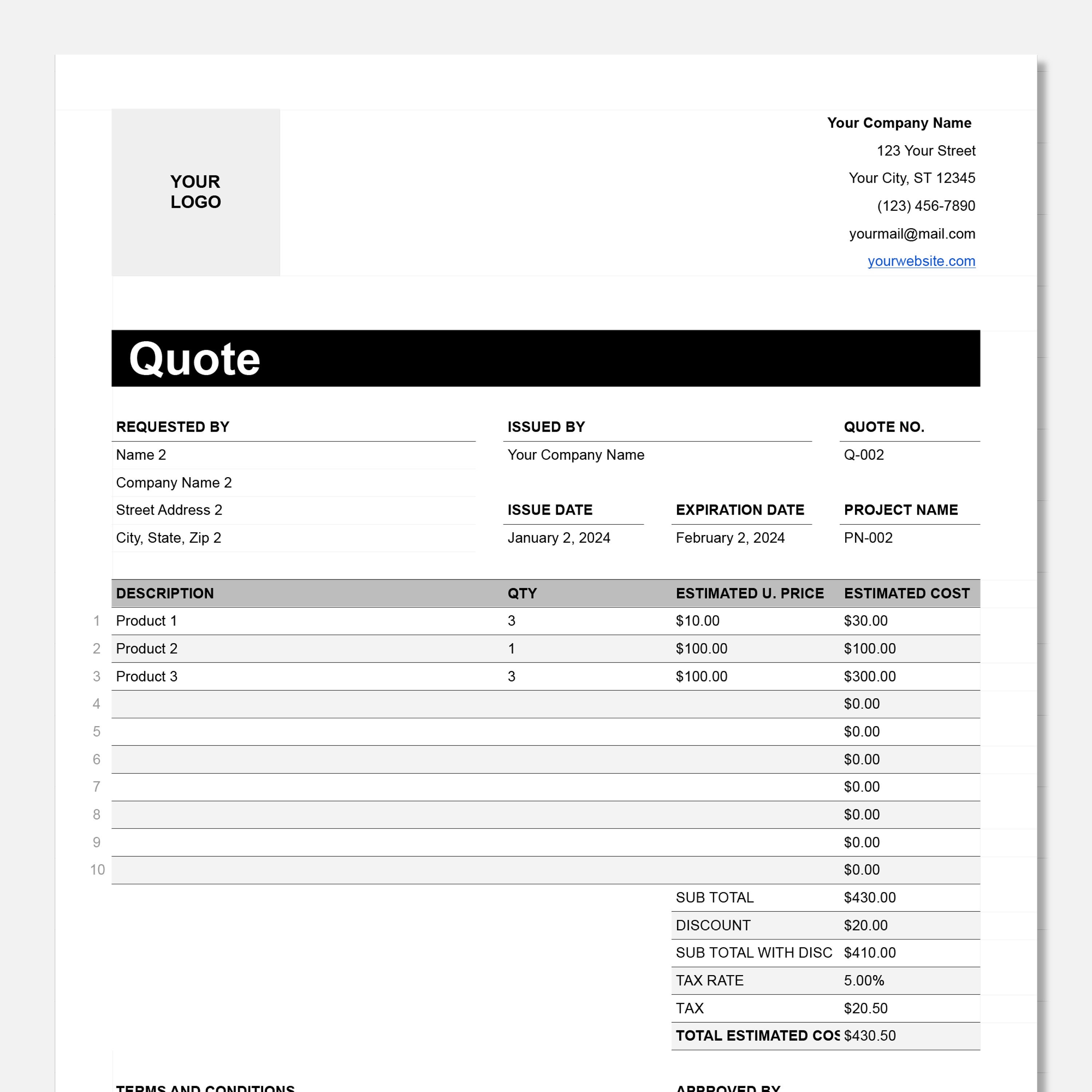 Google Sheets Price Quote Template | Editable Quotation for Contractors ...