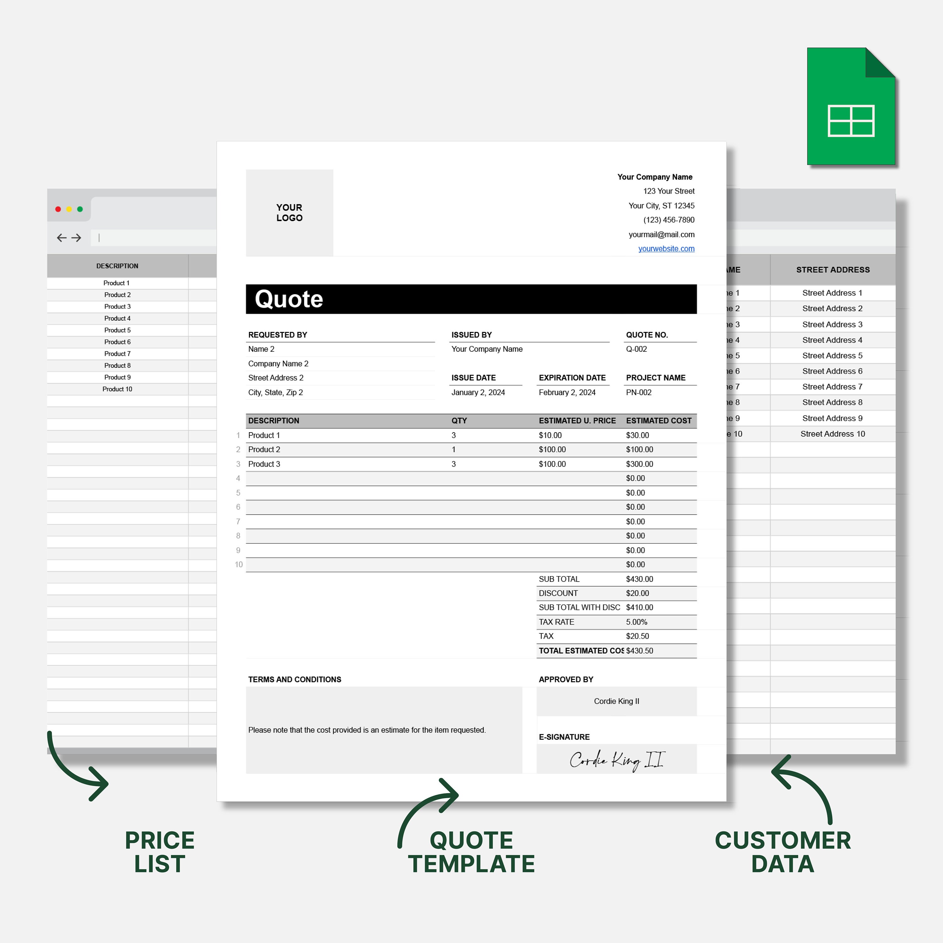 Google Sheets Price Quote Template | Editable Quotation for Contractors ...