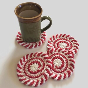 Red and White Swirl Crochet Coasters, Holiday Drink Cotton Coasters, Round Mug Rugs, Best Selling Items