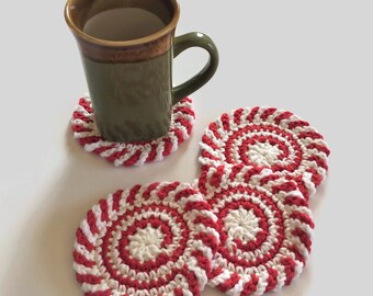 Red and White Swirl Crochet Coasters, Holiday Drink Cotton Coasters, Round Mug Rugs, Best Selling Items