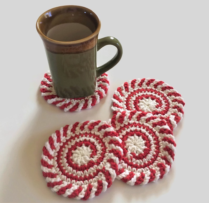 Red and White Swirl Crochet Coasters, Holiday Drink Cotton Coasters, Round Mug Rugs, Best Selling Items image 1