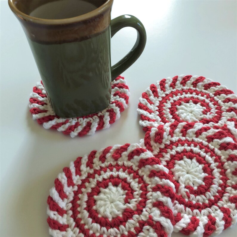 Red and White Swirl Crochet Coasters, Holiday Drink Cotton Coasters, Round Mug Rugs, Best Selling Items image 6