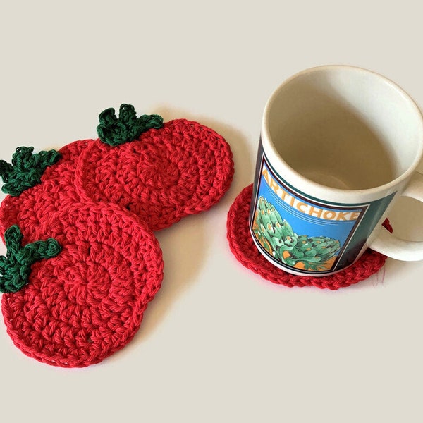 Tomato Crochet Coasters, 100% Cotton Drink Coasters, Vegetable Kitchen Mug Rugs, Summer Dining Decorating, Harvest Decor, Heirloom Tomato