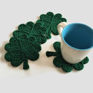 St Patricks Day Crochet Cotton Coasters, 100% Cotton Drink Coasters, Lucky Four Leaf Clover Shaped Mug Rugs, Irish Theme Items image 1