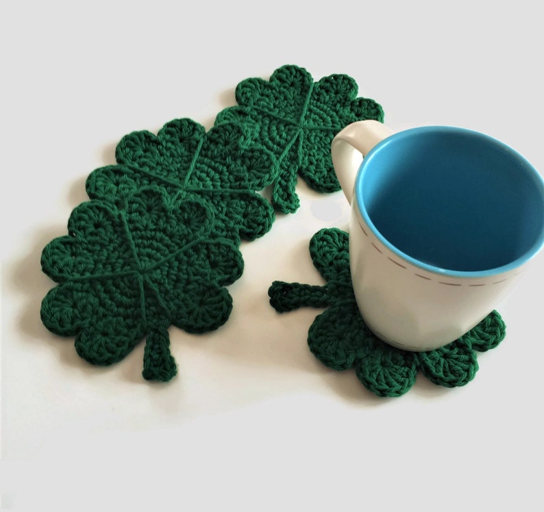 St Patricks Day Crochet Cotton Coasters, 100% Cotton Drink Coasters, Lucky Four Leaf Clover Shaped Mug Rugs, Irish Theme Items image 1