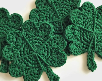 St Patricks Day Crochet Cotton Coasters, 100% Cotton Drink Coasters, Four Leaf Clover Shaped Mug Rugs, Irish Theme Items, Votive Candle Mat