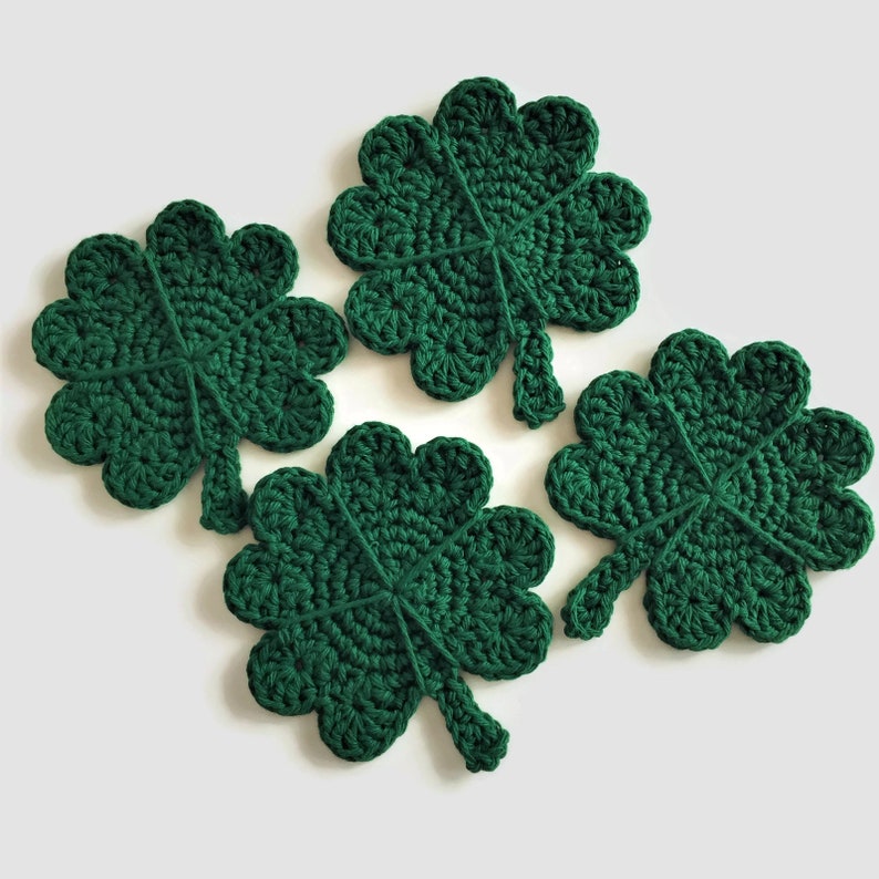 St Patricks Day Crochet Cotton Coasters, 100% Cotton Drink Coasters, Lucky Four Leaf Clover Shaped Mug Rugs, Irish Theme Items image 3