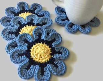 Blue Flower Cotton Crochet Coasters, 100% Cotton Drink Coasters, Crochet Mug Rugs, Spring or Summer Decor