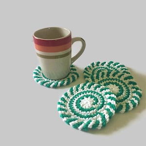 Green and White Swirl Crochet Coasters, Holiday Drink Cotton Coaster, Round Mug Rugs, Best Selling Items