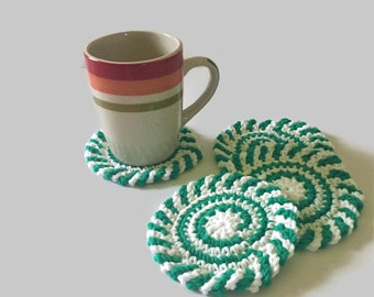 Green and White Swirl Crochet Coasters, Holiday Drink Cotton Coaster, Round Mug Rugs, Best Selling Items