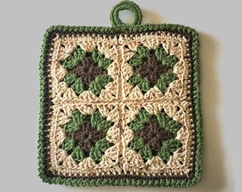 Double Thick Pot Holder, Retro Style Granny Square Cotton Hotpad Trivet, Sage and Brown Crochet Potholder, Best Selling Items