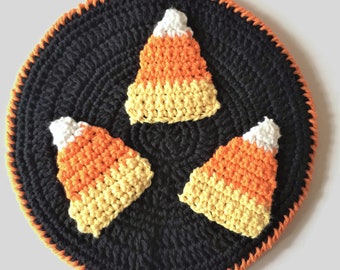 Halloween Candy Corn Trivet, 100% Cotton Crochet Double Thick Potholder, Round Kitchen Hotpad, Best Selling Items