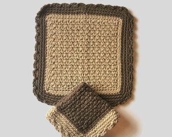 Crochet Cotton Dishcloth, Vintage Style Kitchen Decor, Brown Shades