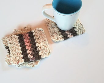 Brown Striped Crochet Coasters, Cotton Mug Rugs, Hostess Gift, Neutral Decor Drink Coaster, Best Selling Items, Votive Candle Mats