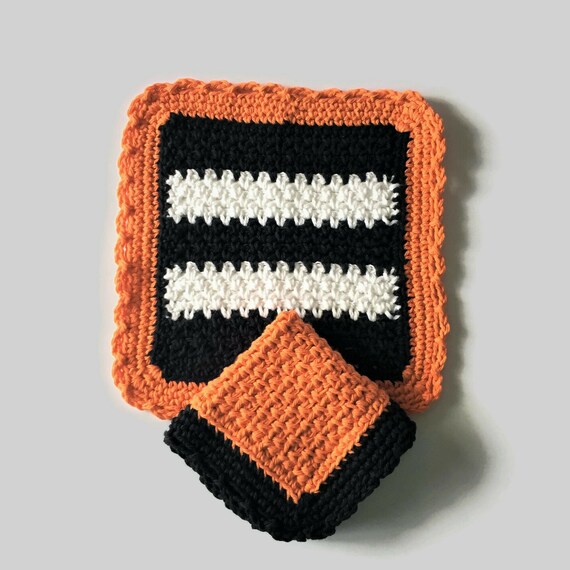 Crochet Halloween Dishcloths, Orange Black White Cotton, Farmhouse Decor