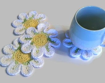 Crochet Daisy Coasters, 100% Cotton Flower Mug Rugs, Spring Decor