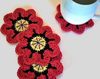 Red Poppy Crochet Coasters, 100% Cotton Crochet Drink Coasters, Mug Rug Set, Summer Decorating, Red and Black Decor, Best Selling Items