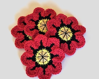 Red Poppy Crochet Coasters, Summer Flower Decor