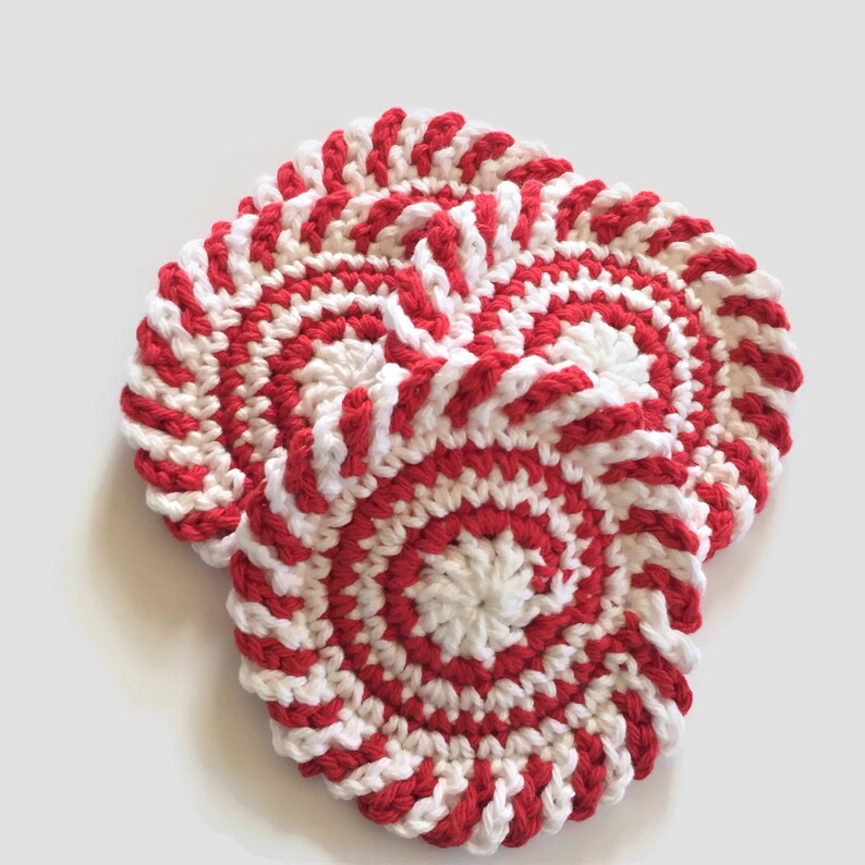 Red and White Swirl Crochet Coasters, Holiday Drink Cotton Coasters, Round Mug Rugs, Best Selling Items image 5