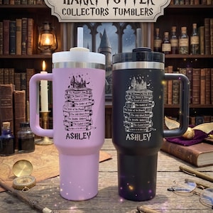 Custom Wizard Name Tumbler with Handle, Magic School Books Design Name Engraved Travel Mug with Straw, Birthday Gift Cup for Magic Lovers
