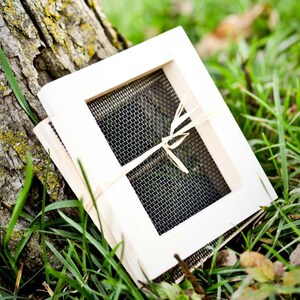 K&ouml;nnte beinhalten: Ein wei&szlig;er Holzrahmen mit einem schwarzen Maschennetz im Inneren. Der Rahmen ist mit einem Naturkordelband gebunden und liegt auf einem Bett aus gr&uuml;nem Gras.