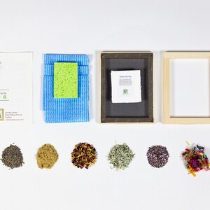 The items included in this Wooden Deckle Paper Making Kit