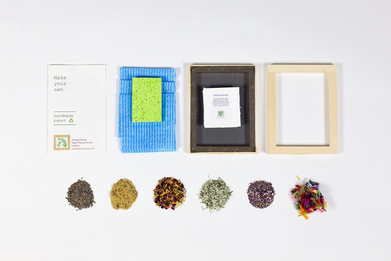 The items included in this Wooden Deckle Paper Making Kit
