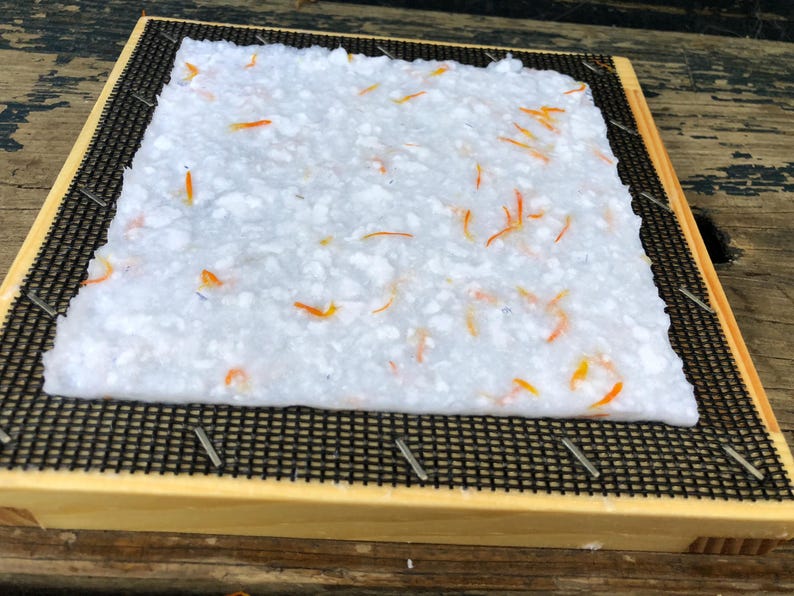 K&ouml;nnte beinhalten: Ein wei&szlig;es Blatt handgesch&ouml;pftes Papier mit eingebetteten orangefarbenen Bl&uuml;tenbl&auml;ttern, das auf einem schwarzen Maschendrahtgitter in einem Holzrahmen liegt.