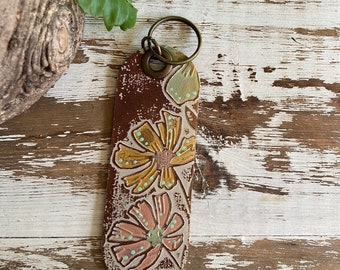 Floral Leather Keychain-Zipper Pull--Customizable with Words