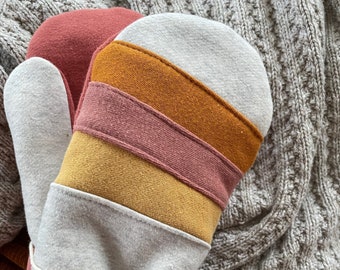 Retro Striped Mittens- Cotton Sweatshirt Fleece-Women Small-Teens-Eco Friendly